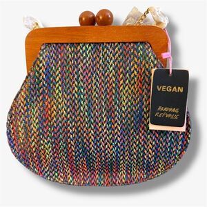 Handbag Republic Boho Chenille Crossbody Bag – Black Multi with Wooden Frame